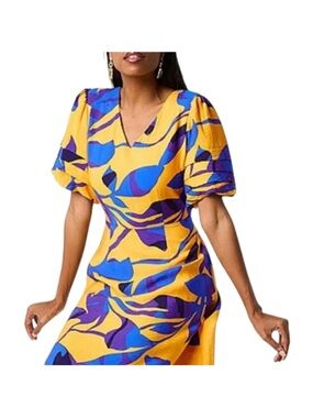 Liz Claiborne Yellow Blue Purple Abstract V-Neck Puff Sleeve Midi Dress